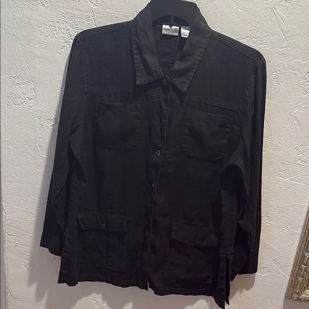 Chico's Black Linen Utility 4 pocket shirt